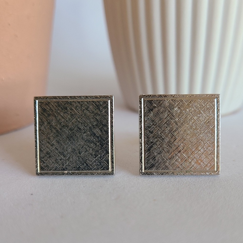 Men's Silver Tone Square‎ Cufflinks Patterned Textured Design Classic